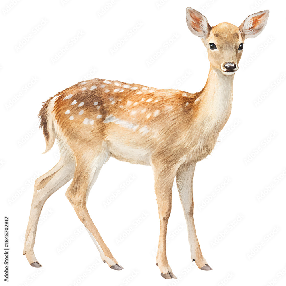 Fototapeta premium Watercolor deer fawn standing gently, warm beige tones, light brush texture, soft shadows, transparent background PNG