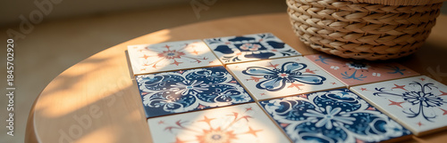 intricately patterned navy blush ceramic tiles amidst woven rattan basket warm wooden surface bathed soft golden