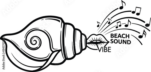 Black outline of conch shell horn blown lip vibe, seashell music line vector in solid spiral white accents, beach sound graphic