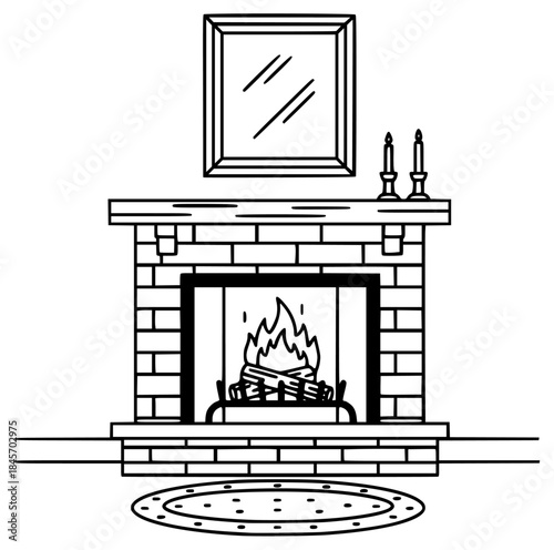 A fireplace with a fire and a picture frame above it, candle, fire, fireplace, illustration, living room, mantle, picture frame, against transparent background
