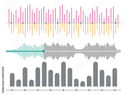Podcast sound waves. Audio wave forms line, sound wave frequency or voice microphone signals. Music, podcast and broadcast and audio branding design.