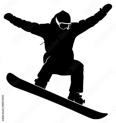 A snowboarder jumping in the air with arms raised, wearing goggles and a hooded jacket, black, goggles, jump, man, person, profile, ride, snowboard, snowboarder, trick, against transparent background