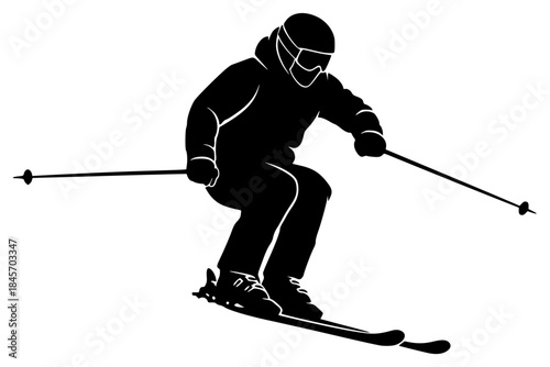 A silhouette of a skier skiing down a hill, wearing a hoodie and goggles, black, goggles, illustration, man, pole, profile, ride, ski, skier, slope, snow, against transparent background