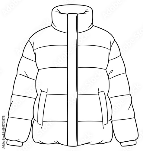 A line drawing of a puffer jacket, coat, illustration, jacket, pocket, zipper, against transparent background