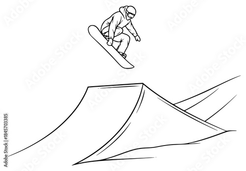 A snowboarder in mid-air over a ramp, illustration, jump, man, ramp, ride, skateboarder, snowboard, snowboarder, trick, against transparent background