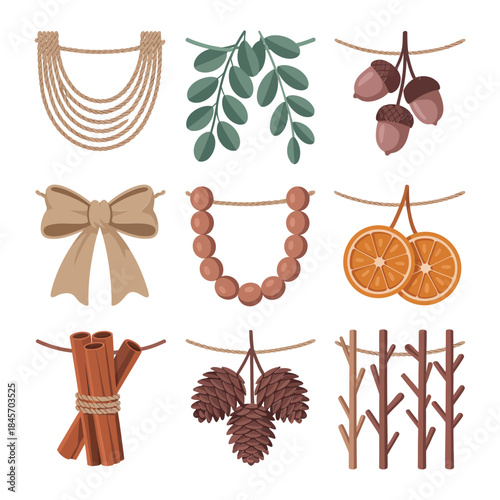 Rustic holiday hanging decoration illustration set with dried orange pinecones beads leaves winter flat vector design