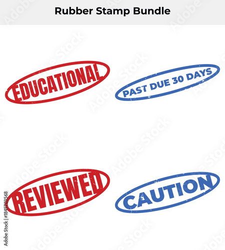 Four Oval Stamps Educational, Past Due 30 Days, Reviewed, and Caution on White