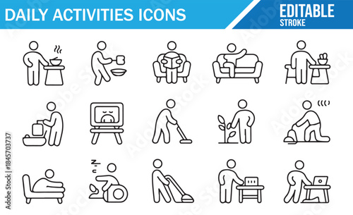 Modern Line Icons for Daily Routine and Household Activities.