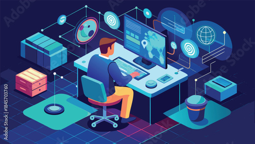 Business-focused AI assistant illustrated with charts and performance metrics on a modern digital device..eps