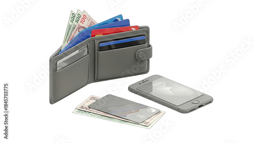 Wallet with Money, Cards, and Smartphone on White Background