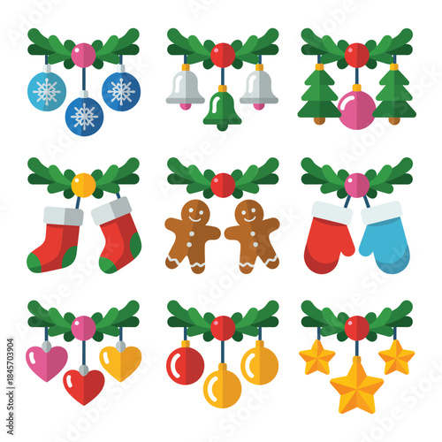 Christmas greenery garland illustration set with bells stockings gingerbread hearts stars festive flat vector decorations
