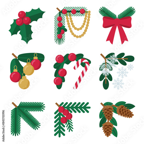 Christmas decorative foliage and bow illustration set with holly berries candy canes pine branches festive flat vector elements