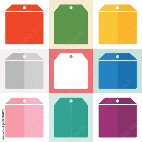 Colorful blank gift tag illustration set with square labels assorted colors printable holiday packaging flat vector design