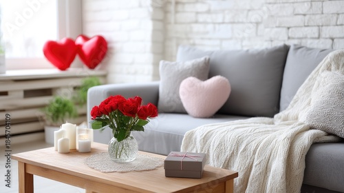Bouquet of red roses on table with heart-shaped decorations in a cozy living room for Valentine's Day celebration