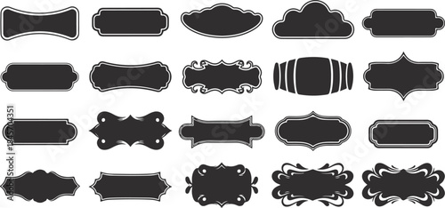 Vintage frame shapes and ornate geometric borders with black decorative label silhouettes, shield elegant royal crest emblem, retro sticker, empty tag design graphics, retro outline badge. Vector.eps