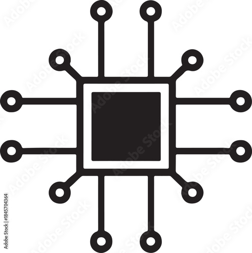 
This image features a black and white AI icon. It depicts a central circle containing the letters "AI," surrounded by circuit-like nodes to represent artificial intelligence and neural networks.
