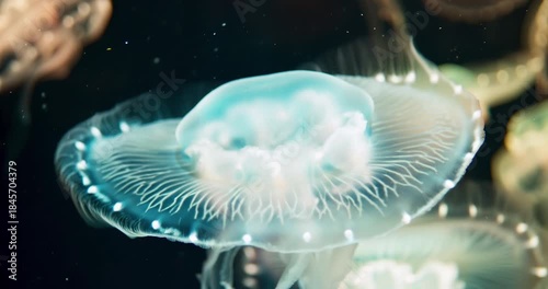 Glowing jellyfish drifting in calm ocean water. Surreal Underwater Bioluminescent Worlds.