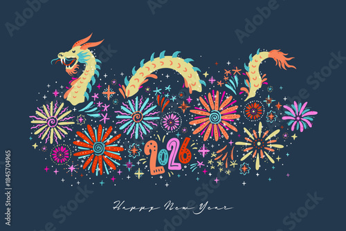Fun hand drawn fireworks and dragon, Chinese New year poster design - vector