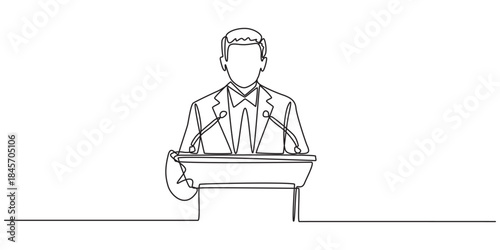 One continuous single line drawn character politics of business coach speaking. A politician giving a speech conveys his vision and mission. Speech concept with a man on podium. Vector illustration