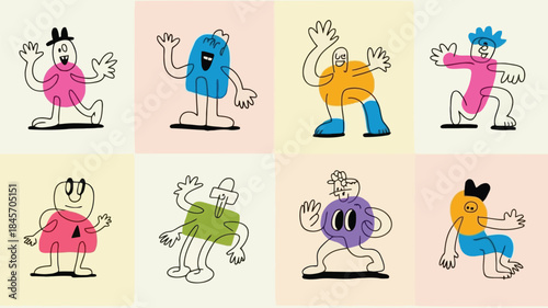 Collection of colorful abstract human like doodle characters in various poses on pastel backgrounds
