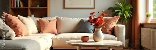 warm inviting living room showcases plush sofa minimalist coffee table vibrant flowers sleek vase cozy