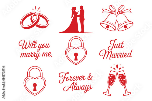 Set of red wedding and marriage icons and text elements for valentines day or anniversary design