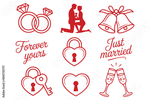Set of red line art icons for wedding and love rings, couple, bells, locks, champagne toast, and calligraphy text