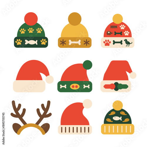 Winter hat and holiday accessory illustration set with Santa caps reindeer antlers cozy flat vector icon collection