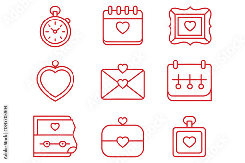 Set of nine red outline icons for valentines day and romance stopwatch, calendar, photo frame, heart locket, envelope, date planner, open letter, gift box, and tag