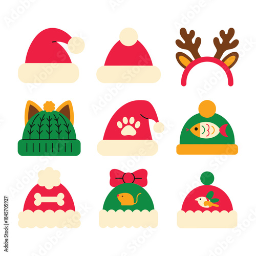 Cute holiday winter hat icon set with pet paws bones fish patterns playful Santa caps flat vector illustration