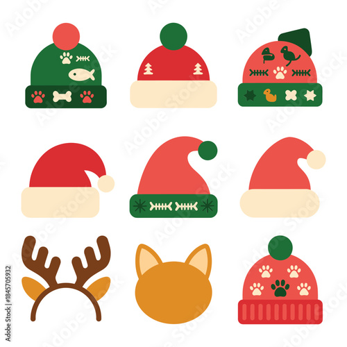 Festive winter hat and animal themed icon collection with Santa caps reindeer ears cozy holiday flat vector illustration