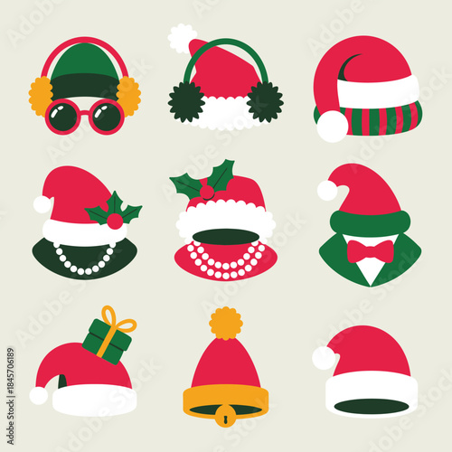 Holiday Santa hat and winter accessory icon set with earmuffs pearls bells cozy festive flat vector design