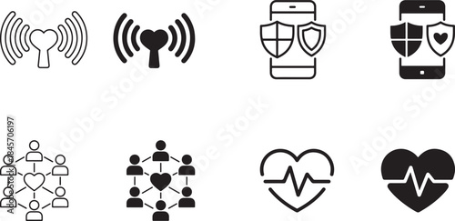 Heart themed digital communication and health line icons set featuring romantic wireless signals secure mobile love social network connections and medical pulse