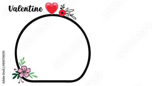 A minimal pink rounded shape with one red heart and flower, valentine's day theme, simple sweetheart design element