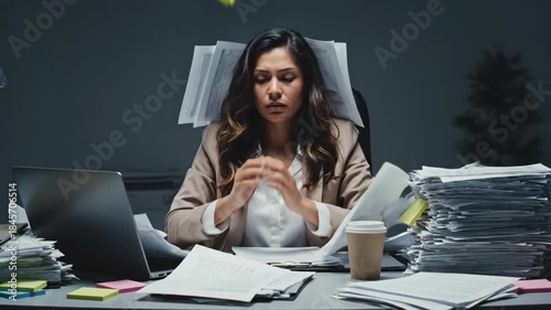 Woman overwhelmed by flying papers in cluttered office desk. Stressed professional covering face amid stacks of documents and laptop. Administrative burden burnout and work stress concept