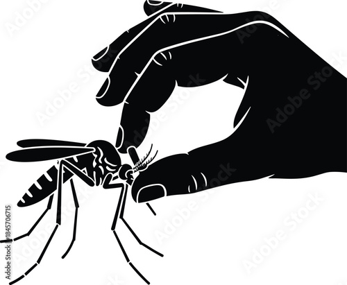 Mosquito control icon, black silhouette of hand pinching large mosquito, pest management and disease prevention concept graphic