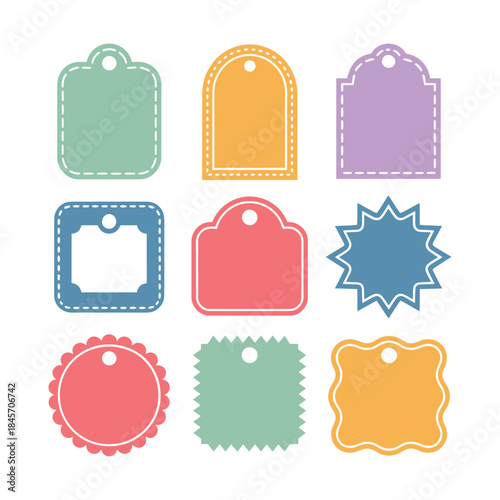 Decorative stitched label and frame icon collection with rounded shapes festive holiday packaging flat vector illustration set