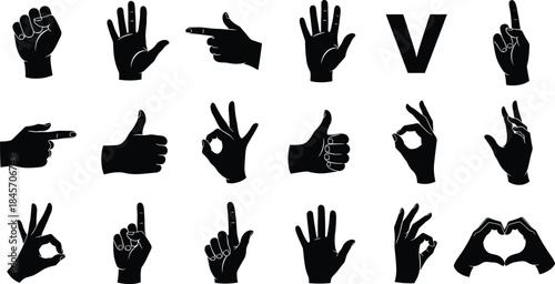 Hand gesture icon set, black silhouette grid of expressive finger signs and non-verbal communication concept graphic