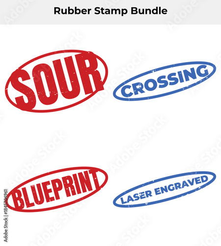 Red Sour Blue Crossing Laser Engraved Blueprint Stamp Grunge Effect on White