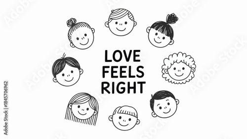 Diverse group of smiling cartoon faces surrounding the phrase love feels right in a simple black and white illustration