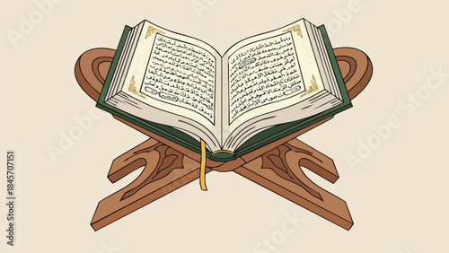 An open book with green cover and gold bookmark on a wooden lectern against a beige background.
