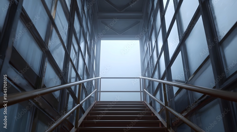 Obraz premium A utilitarian metal staircase ascends into a bright foggy opening creating a mysterious transition