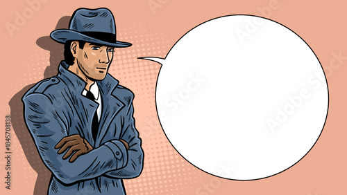 Detective man banner with speech bubble in pop art style
