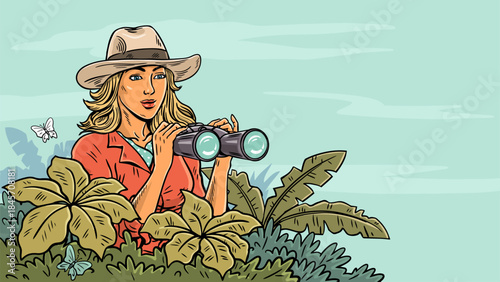 Woman explorer with binoculars in tropical nature