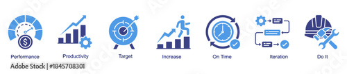 Productivity and performance web banner icon vector illustration for operational improvement with performance, productivity, iteration, increase, on-time work, and target icons.