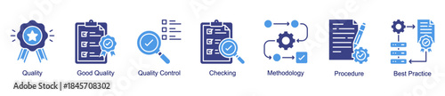 Quality and methodology web banner icon vector illustration for process excellence with quality control, checking, good quality, procedures, best practices, and methodology icons.