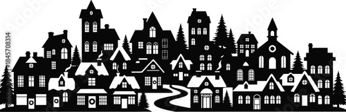 Black and white silhouette of a charming winter village cityscape with snow covered rooftops and evergreen trees creating a festive scene