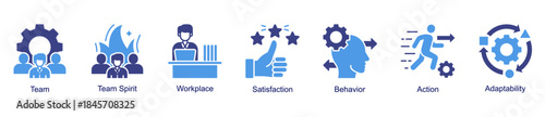 Team and workplace culture web banner icon vector illustration for organizational harmony with team spirit, behaviour, action, workplace, satisfaction, and adaptability icons.