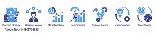 Strategy and decision-making web banner icon vector illustration for business management with planning strategy, benchmarking, problem solving, implementation, and decision-making icons.