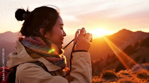 Woman taking a photo with a camera in a mountainous landscape during a vibrant sunset while traveling.